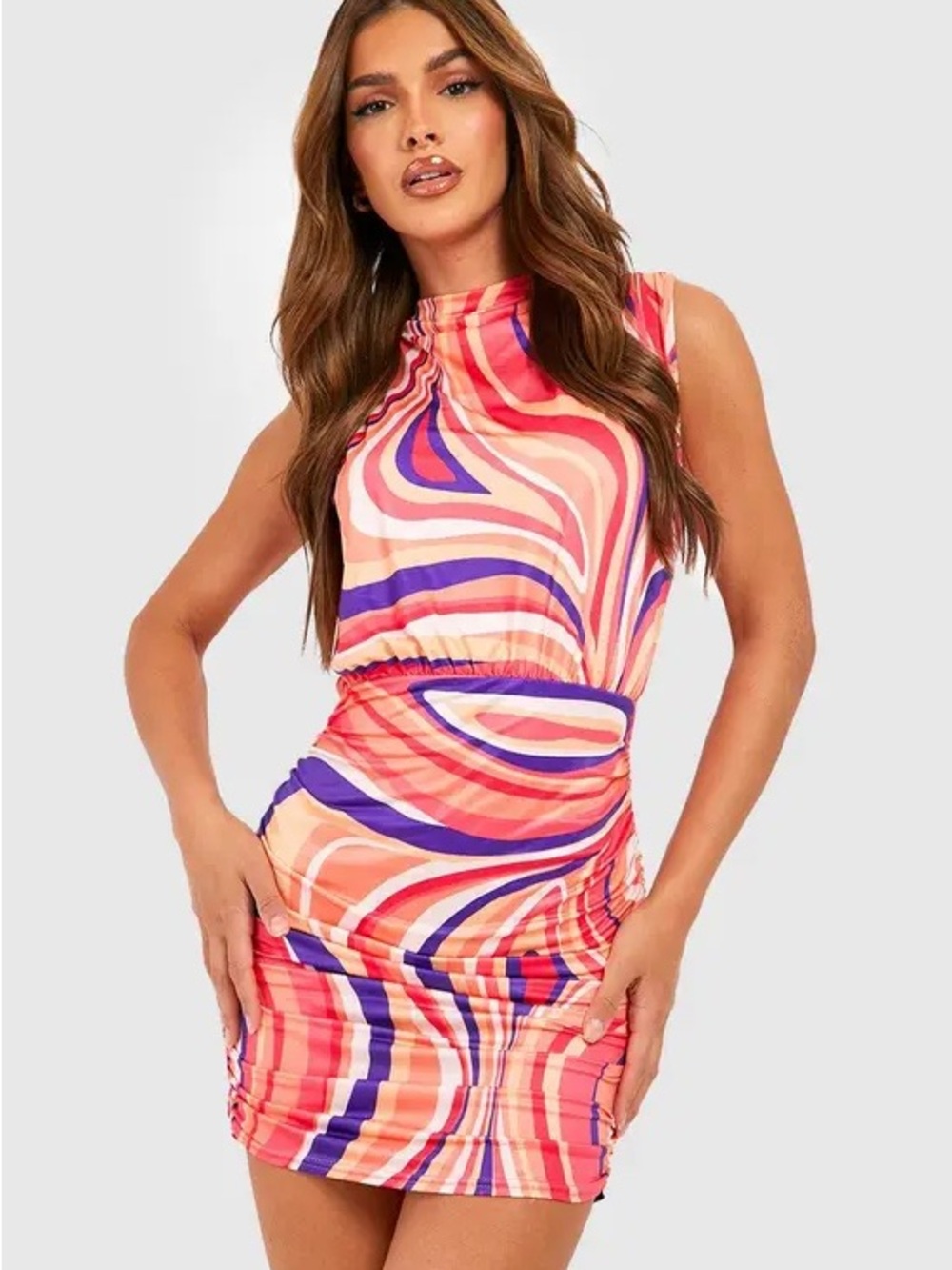 Abstract Print Slinky High Neck Ruched Mini Dress - Picture 3 of 6
